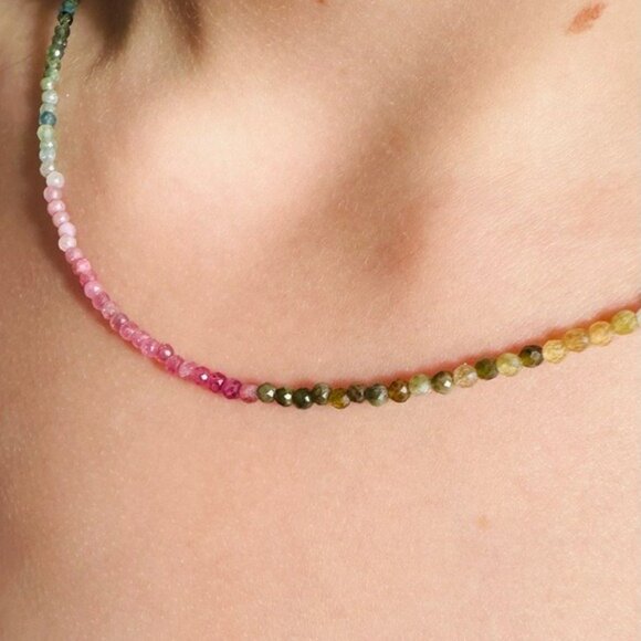 Watermelon Tourmaline Dainty Beaded Necklace Colorful Stacking Necklace PRETTY - Picture 6 of 16